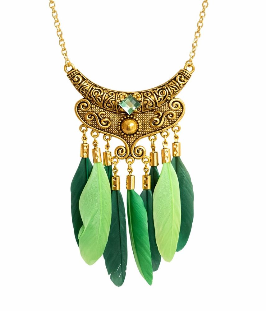 Gold Filigree Green Feather Necklace with Blue-Green Gem