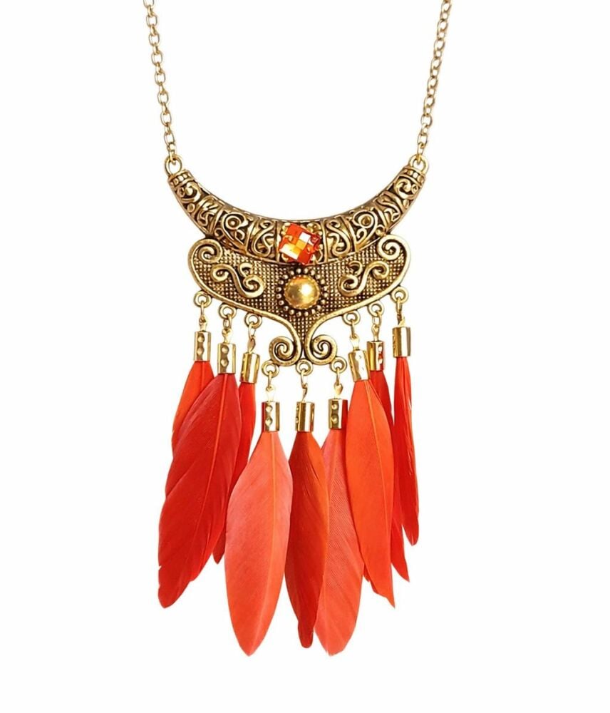 Gold Filigree Necklace with Red, Dark Red and Pinkish&acirc;Red Feathers