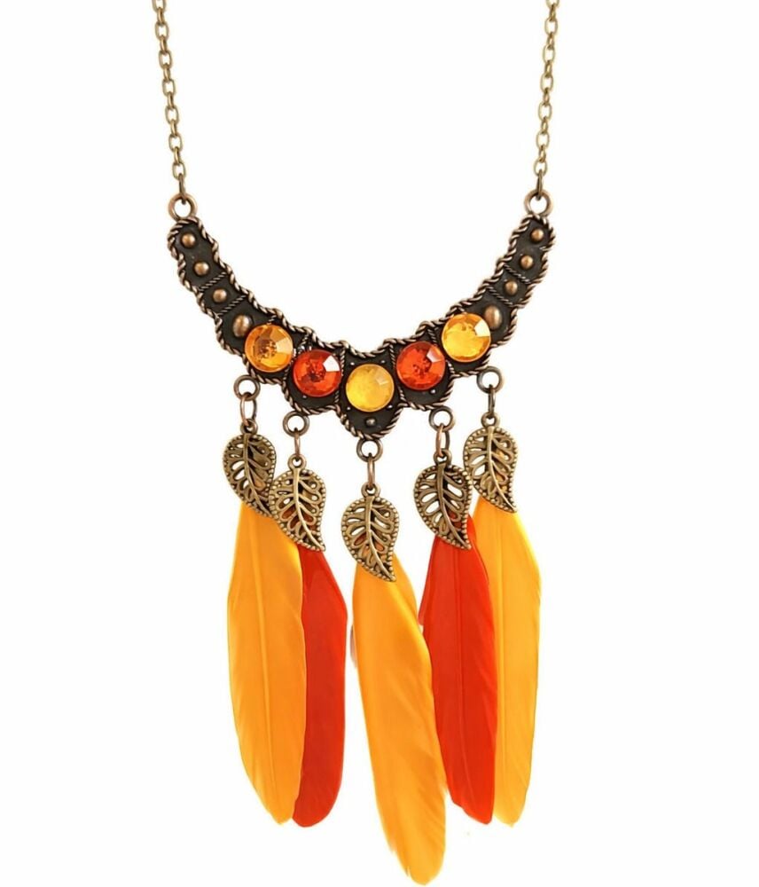 Feather Necklace with Yellow and Red Feathers and Gemstones with Brass Leaf Charms