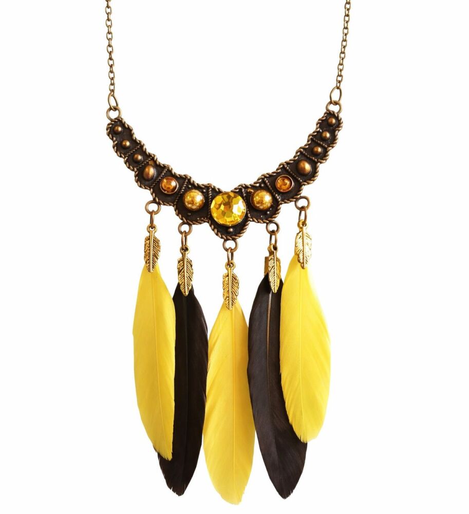 Feather Necklace with Yellow and Brown Feathers and Gemstones with Feather Charms
