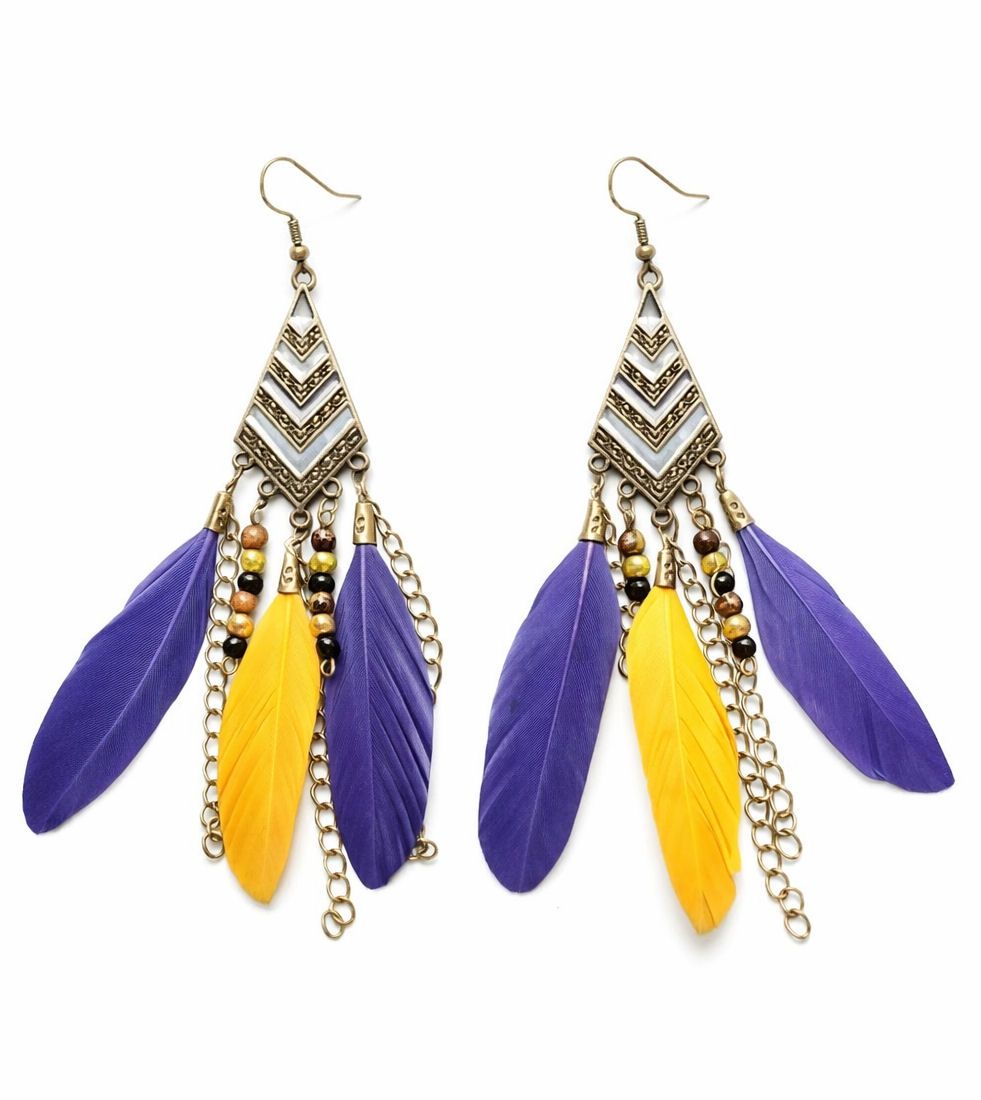 Royal Blue and Yellow Feather Dangle Earrings with Chevron Metal Detail