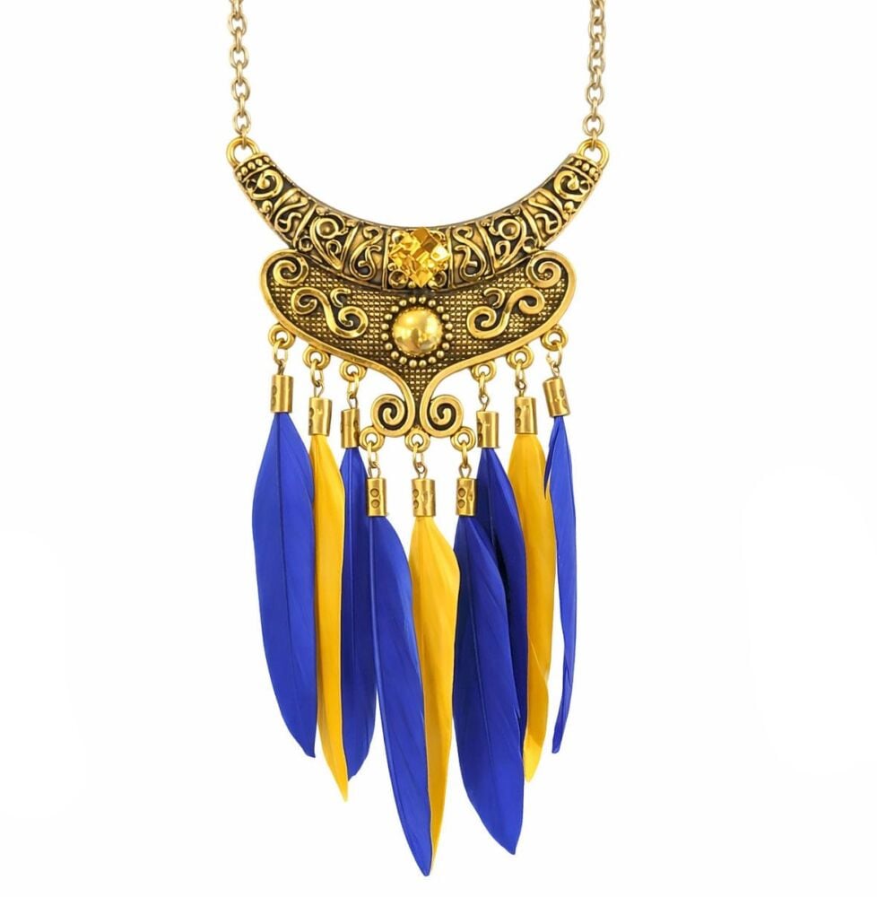 Gold Filigree Blue and Yellow Feather Necklace with Yellow Gem