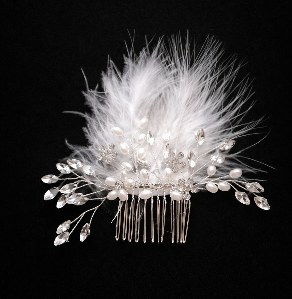 Bridal Crystal & Pearl Hair Comb with White Marabou Feathers