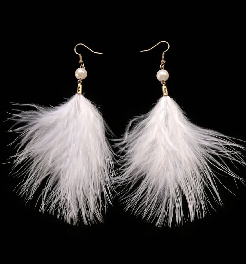 White Marabou Feather Earrings with Pearl and Bronze Accents