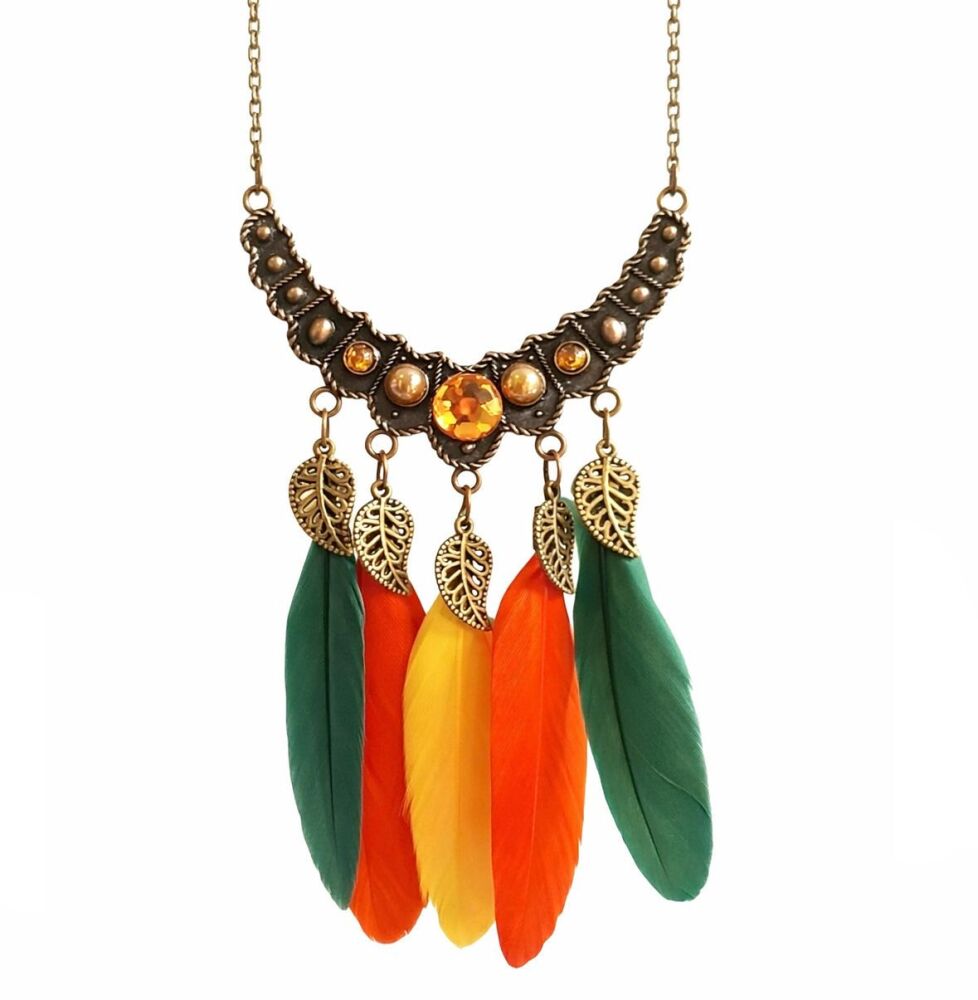 Bohemian Feather Necklace with Amber Gemstones and Brass Leaf Charms