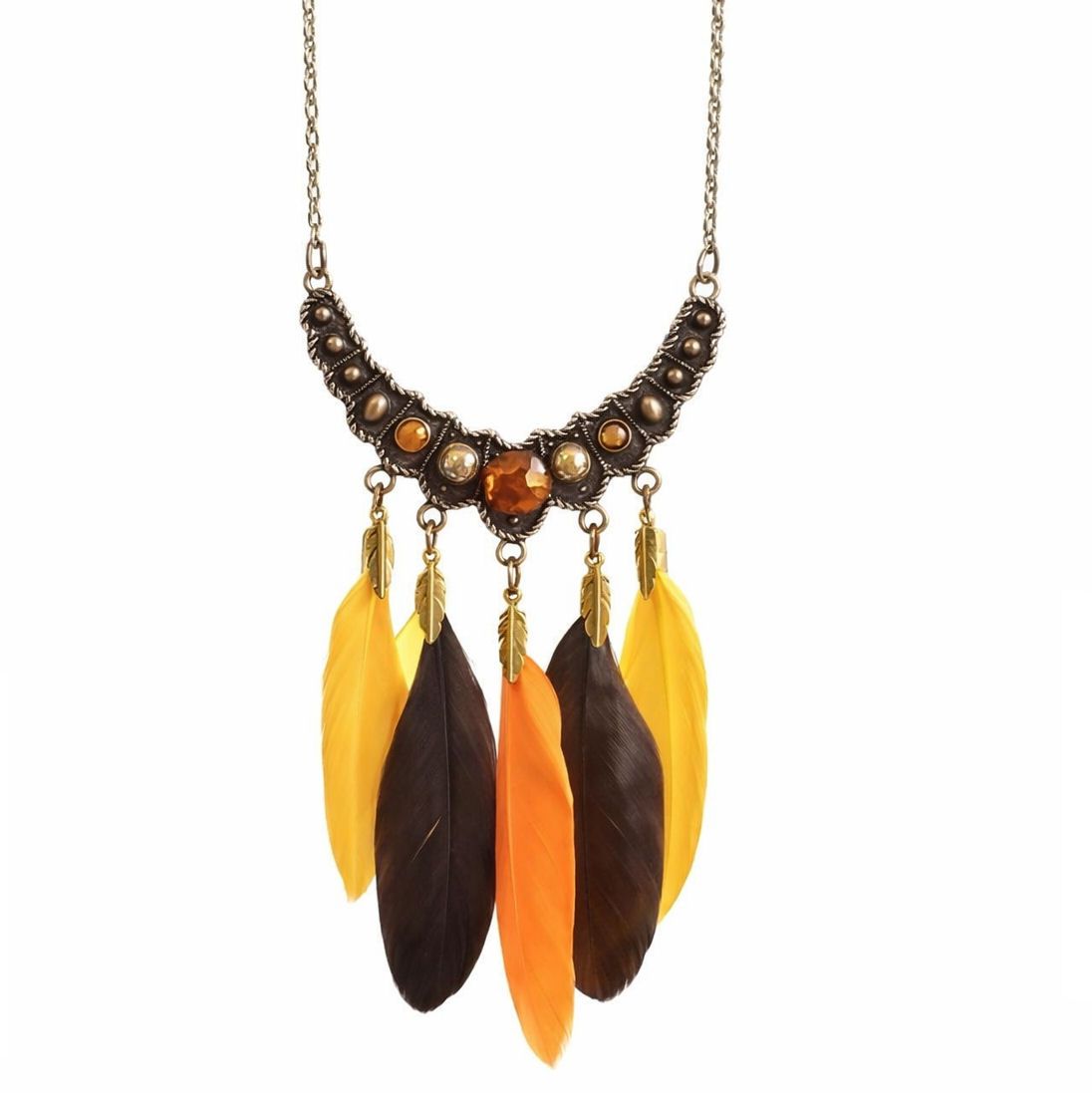 Feather Necklace with Yellow, Brown and Orange Feathers and Gemstones with Feather Charms