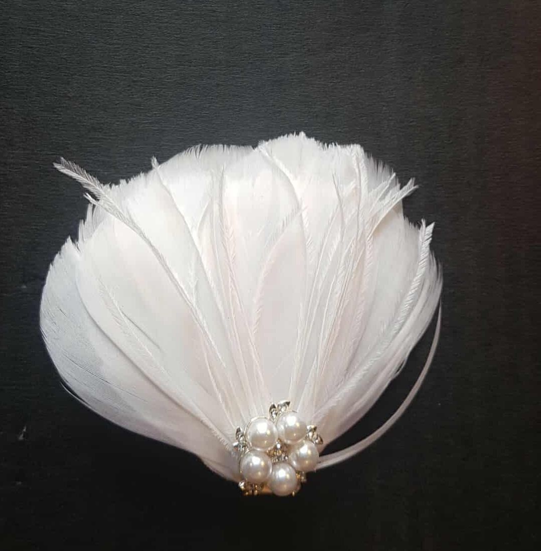 White Feather Hair Clip with Ostrich Hurl and Pearl, Diamante Gem