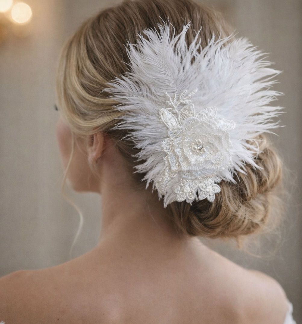 White Feather Bridal Hairpiece with Lace Flowers