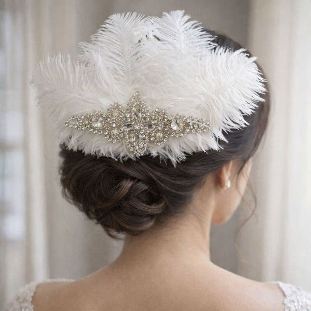 Elegant 1920s-Inspired Bridal Feather Headpiece with Diamante Appliqu&eacute;