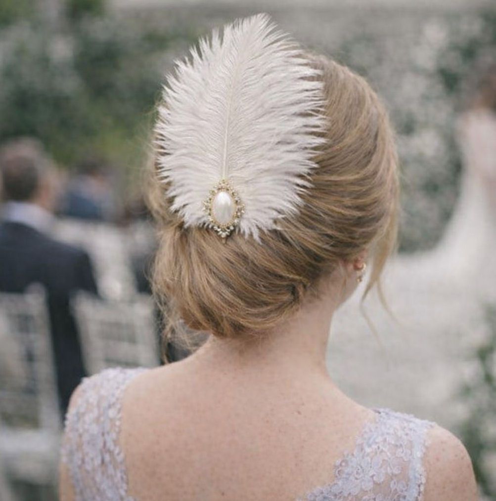 Bridal White Ostrich Feather Hair Clip with Pearl Brooch
