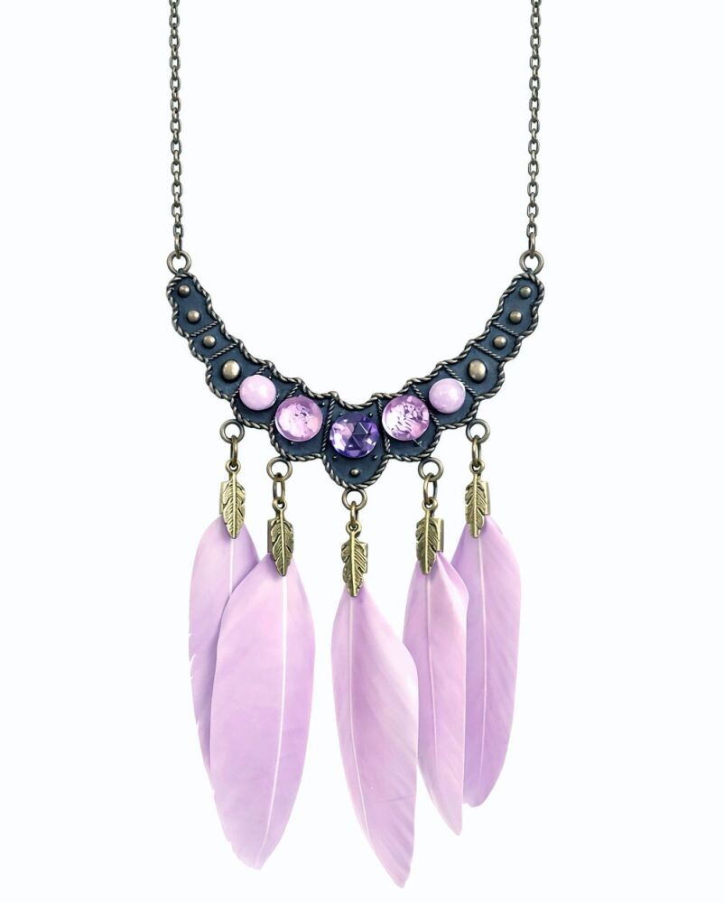 Lavender and Lilac Feather Necklace with Red Copper Pendant and Bronze Chain