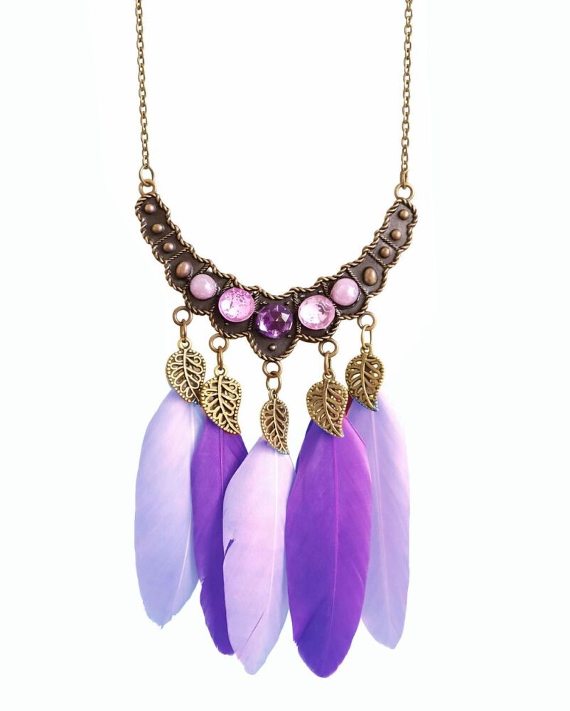 Lavender and Purple Feather Necklace with Red Copper Pendant and Bronze Chain