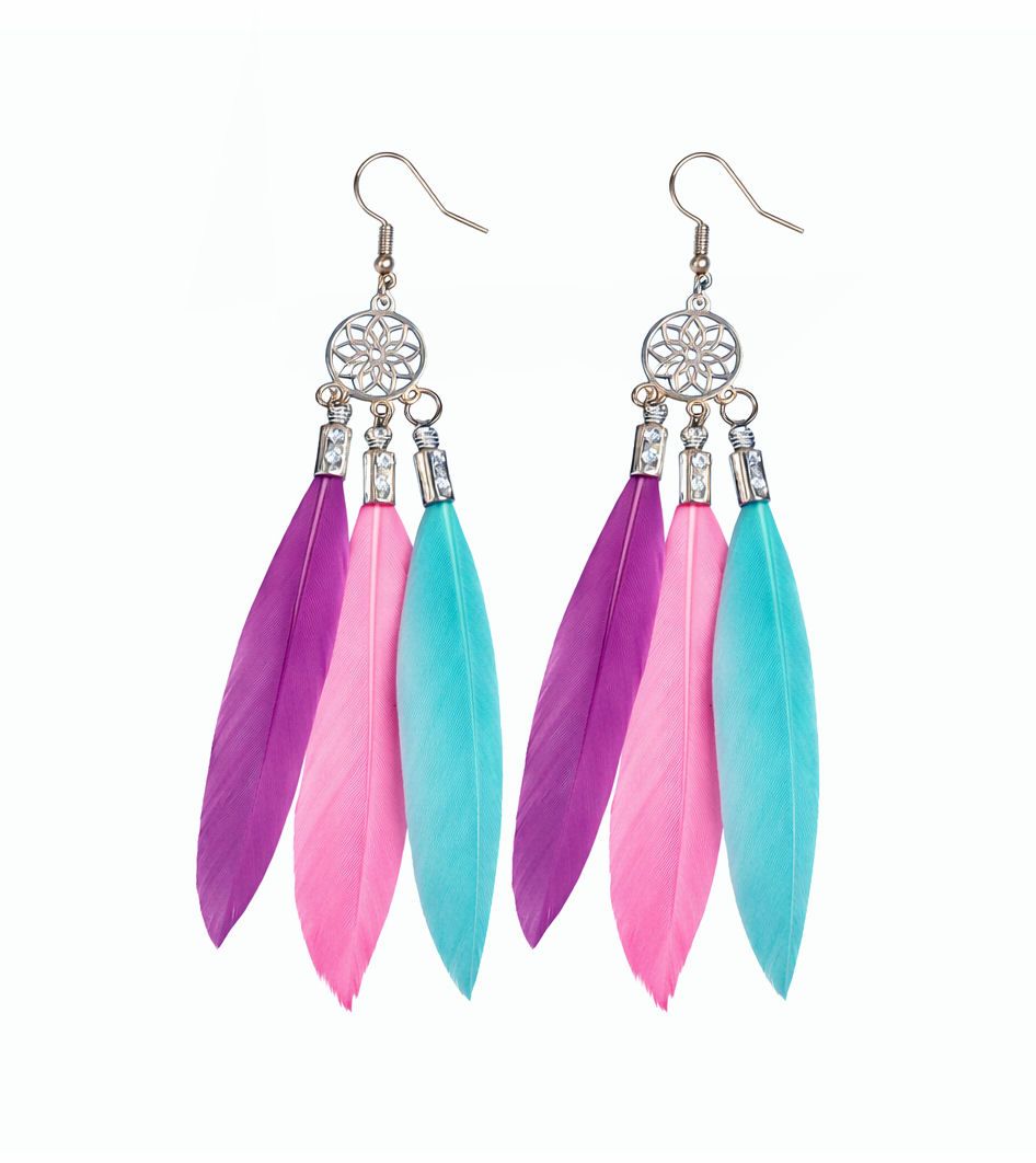 Blue, Hot Pink and Purple Feather Earrings with Decorative Silver Pendant and Three Sleek Goose Feathers