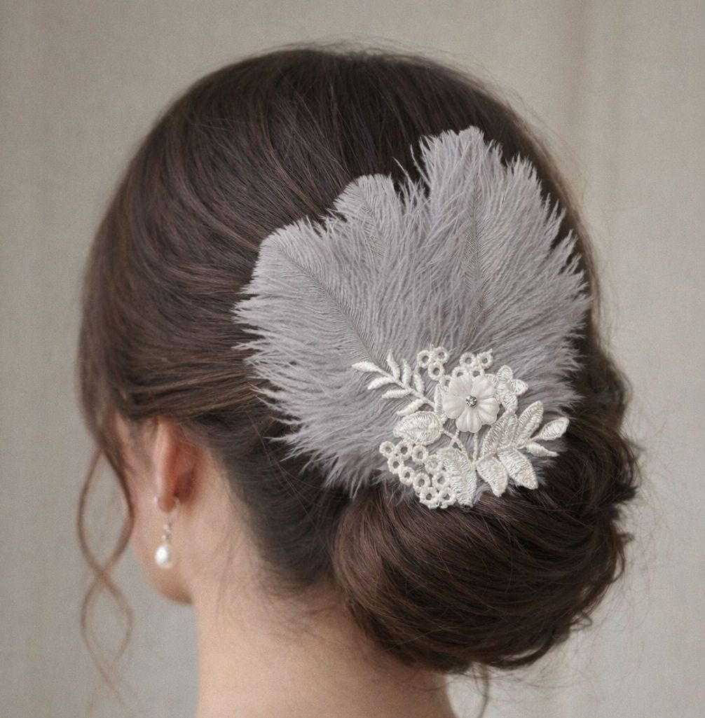 Silver Grey Ostrich Feather and Lace Floral Headpiece