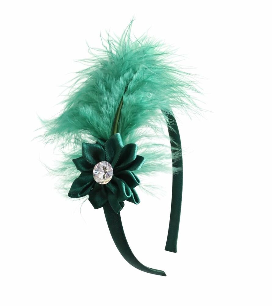 Dark Green Feather & Satin Flower Headband