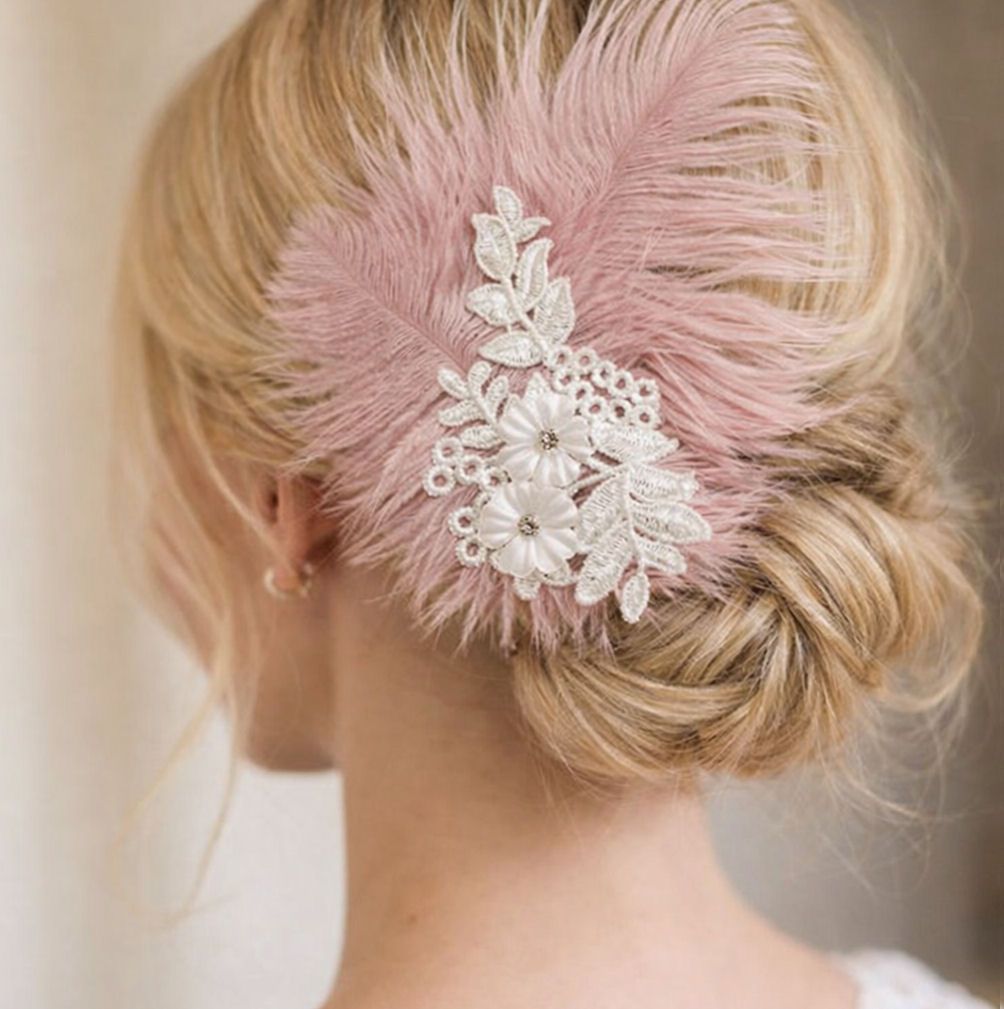 Dusky Rose Pink Ostrich Feather and Lace Floral Headpiece