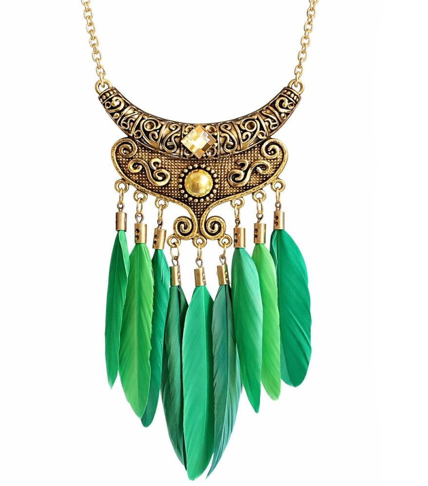 Gold Filigree Feather Necklace with Green, Lime and Dark Green Feathers