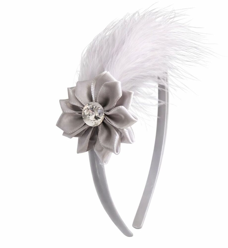 Silver Grey Feather & Satin Flower Headband &ndash; Elegant Handmade Accessory with Rhinestone Detail