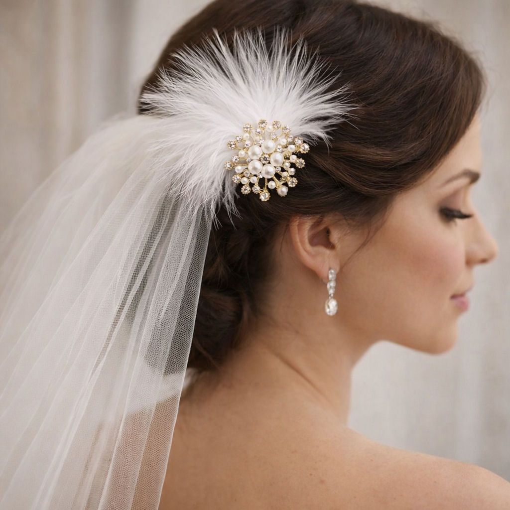 Bride in profile wearing a white veil secured with a 6 cm feather and pearl