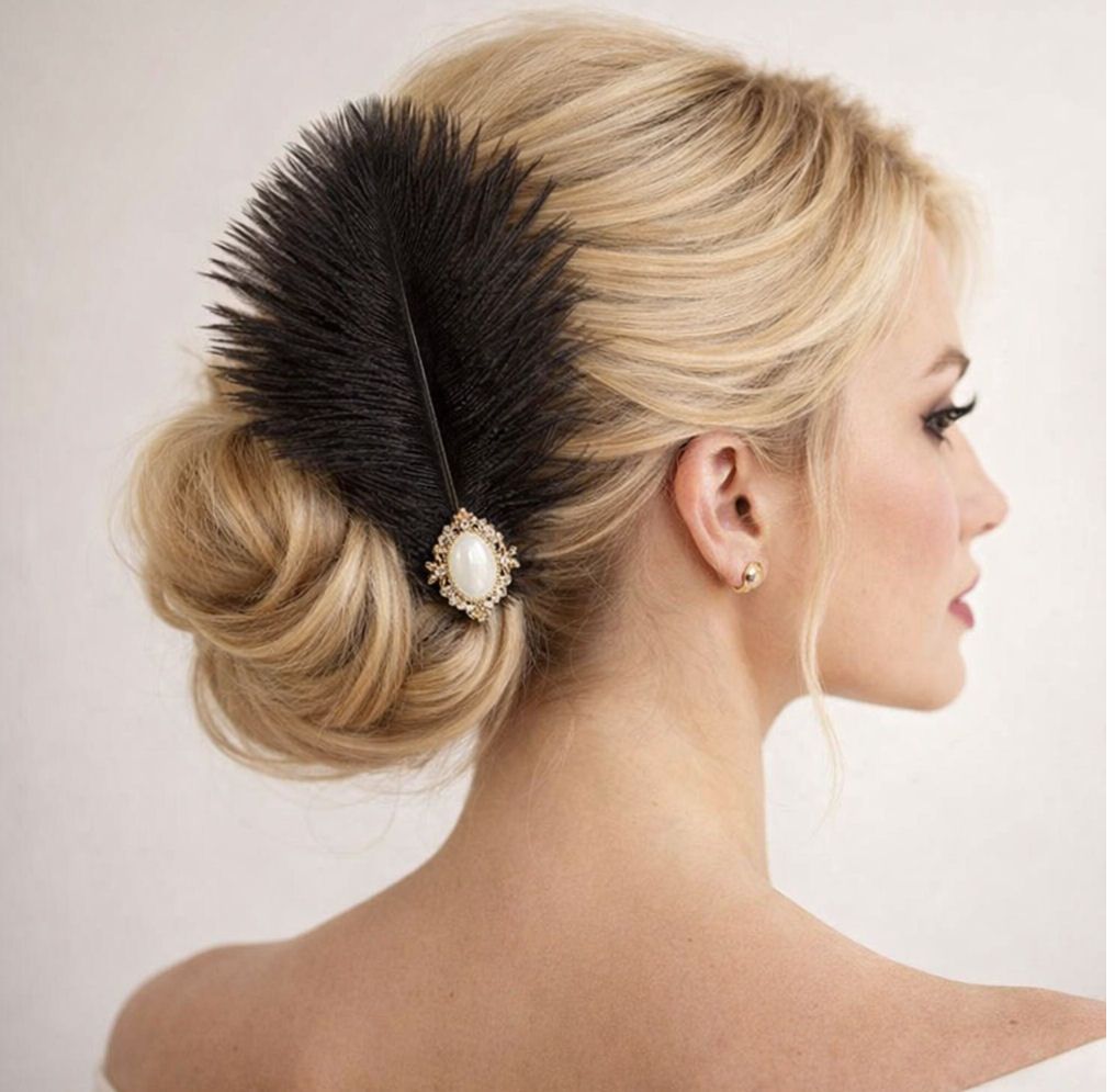 Black Ostrich Feather Hair Clip with Pearl Brooch