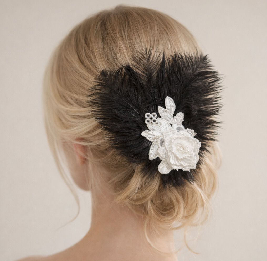 Black Feather Bridal Hairpiece with Lace Flowers