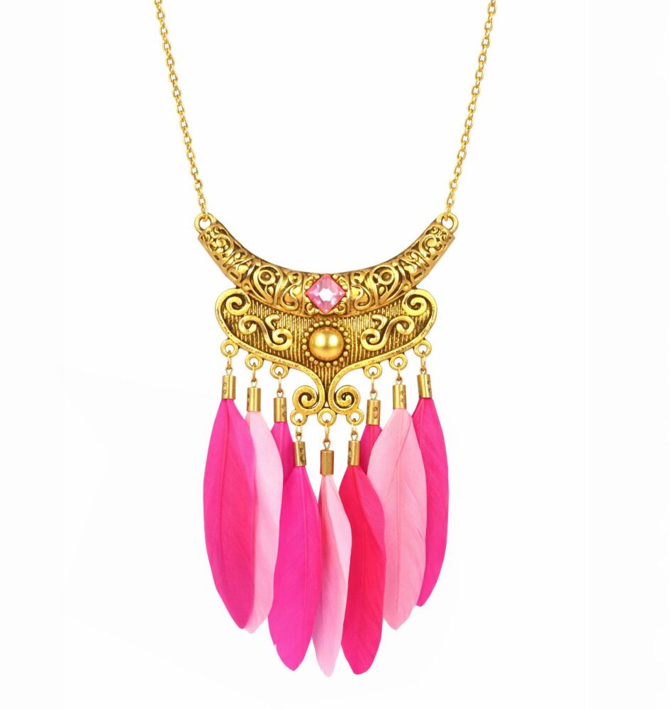 Boho Feather Necklace &ndash; Dark Pink & Candy Pink with Gold Crescent Pendant