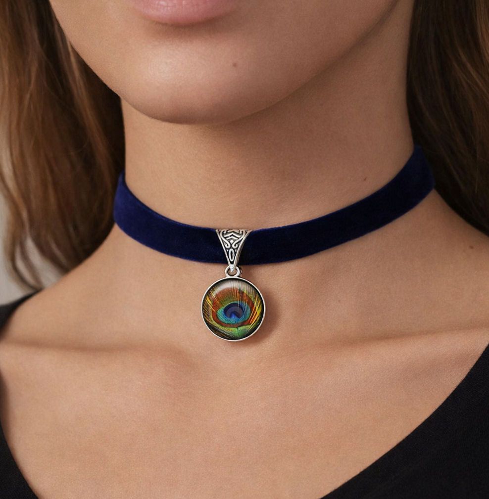 Navy Blue Velvet Choker Necklace with Peacock Eye Glass Cabochon Pendant