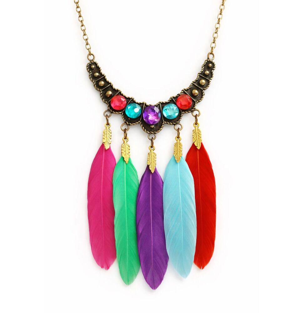 Bohemian Five&acirc;Feather Gemstone Necklace &ndash; Shocking Pink, Green, Purple, Aqua Blue & Red