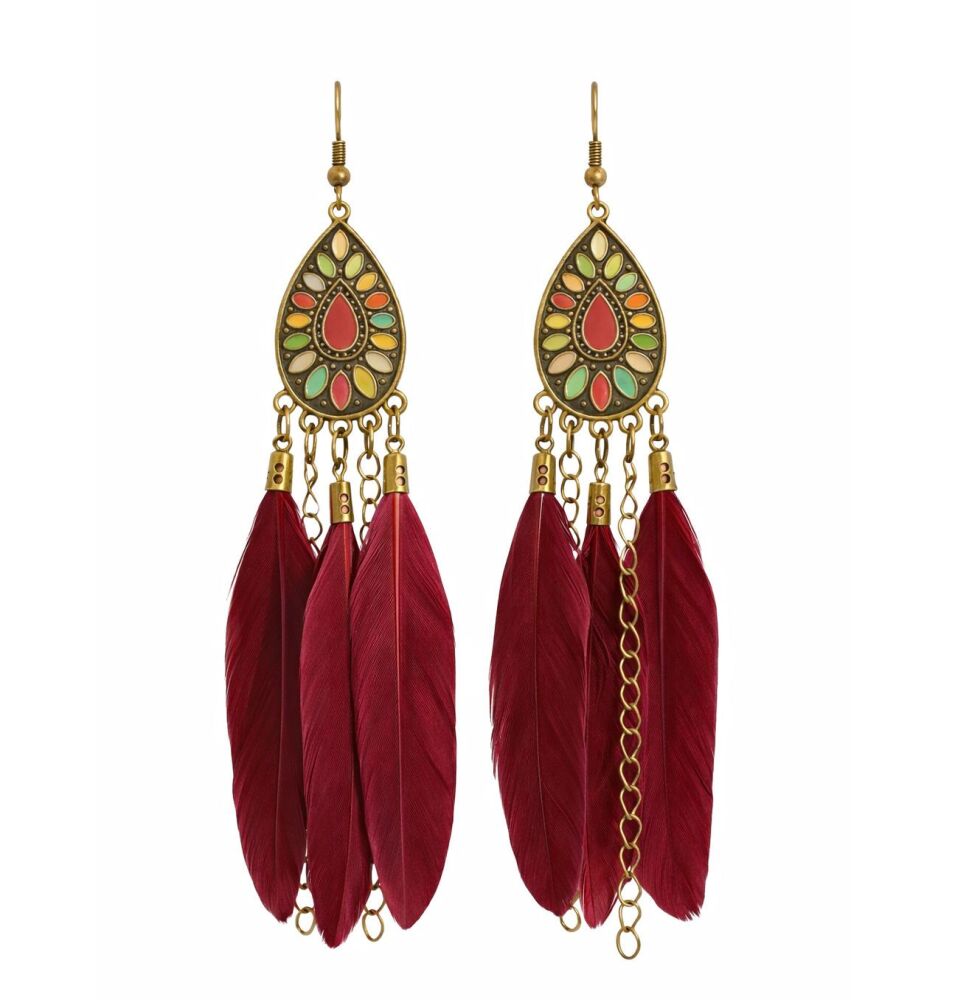 Red Wine Feather Boho Earrings