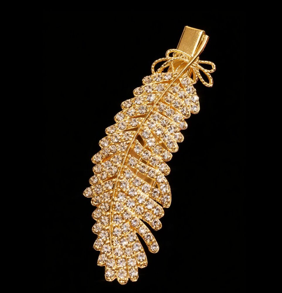 Gold Rhinestone Feather Hair Clip Brooch &ndash; Elegant Sparkling Accessory