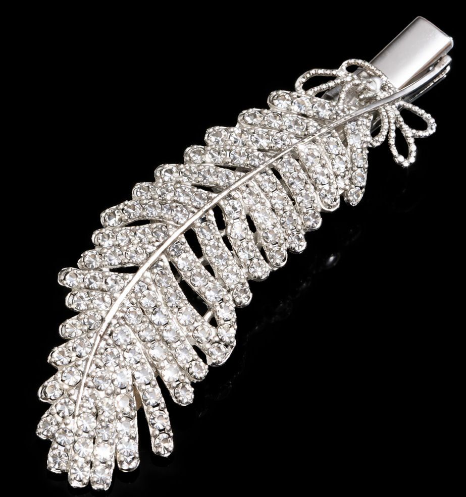Silver Rhinestone Feather Hair Clip Brooch &ndash; Elegant Sparkling Accessory