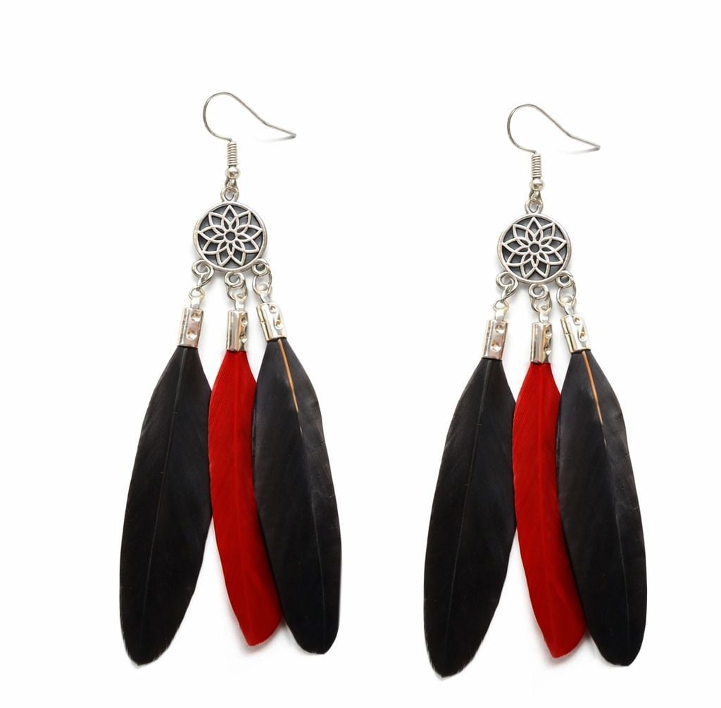 Black and Red Wine Feather Dangle Earrings, Chandelier Design with Three Sleek Feathers