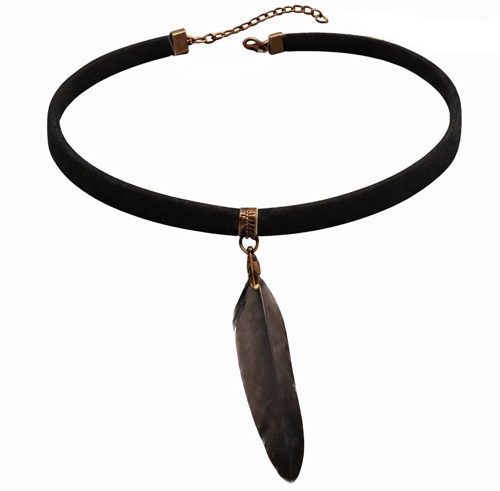 Black Velvet Choker Featuring Black Goose Feather and Bronze Alloy