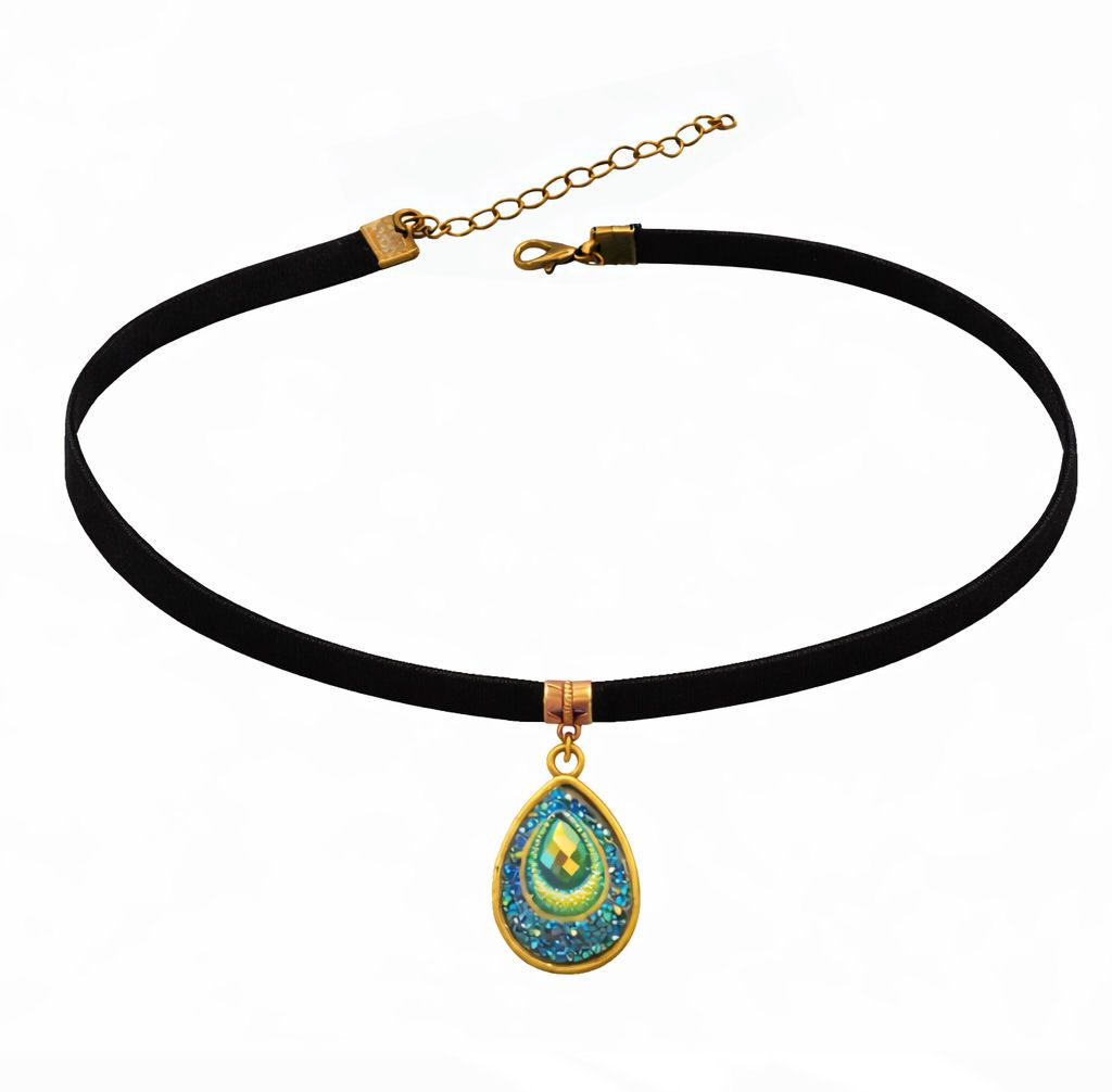 Black Velvet Choker with Peacock&acirc;Blue Teardrop Pendant