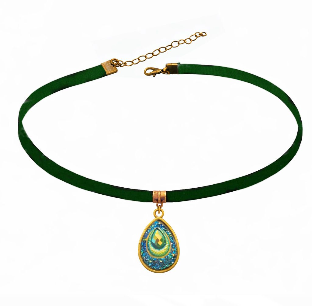 Dark Green Velvet Choker with Peacock&acirc;Blue Teardrop Pendant