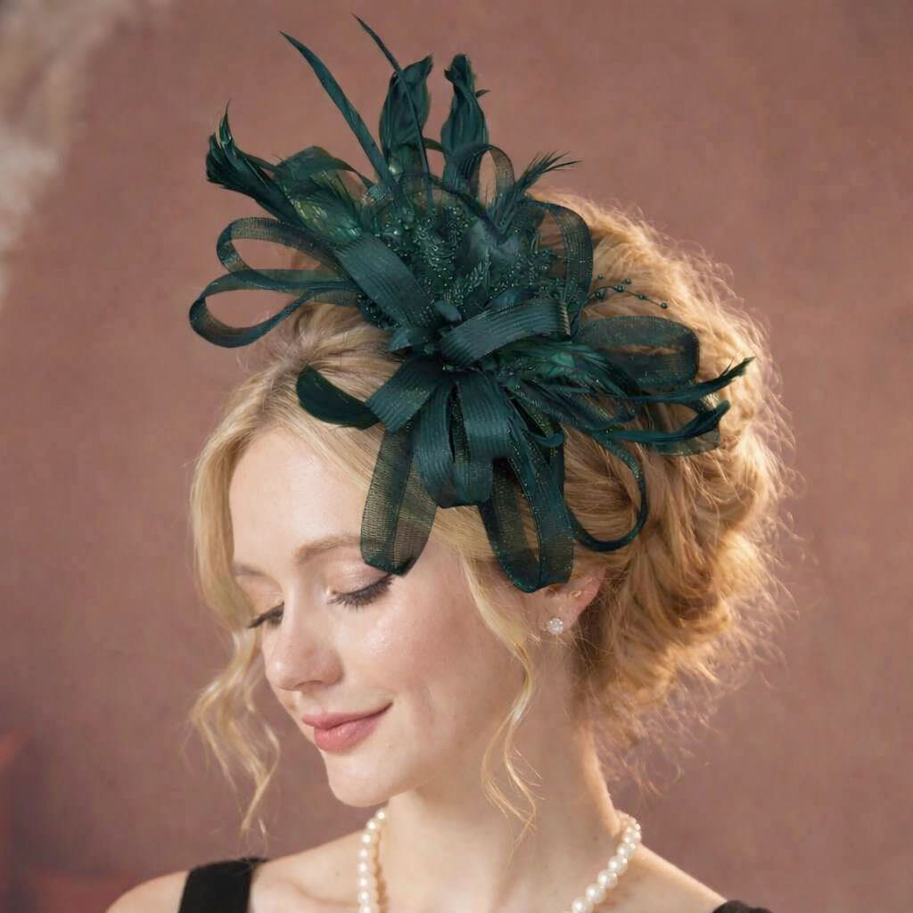 Elegant Dark Green Feather Fascinator with Ribbon Style Detail