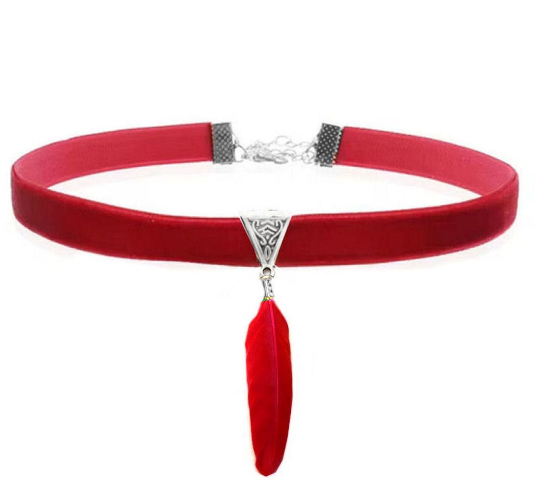 Red Velvet Choker Featuring Red Goose Feather