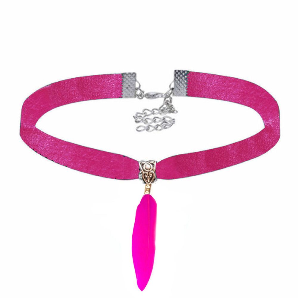 Shocking Pink Velvet Choker Featuring Pink Goose Feather