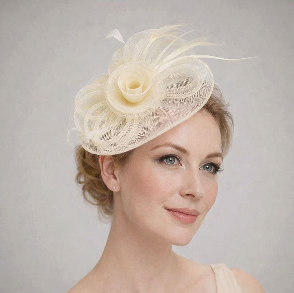 Ivory Mesh Rose Fascinator with Feathers &ndash; Elegant Formal Headpiece
