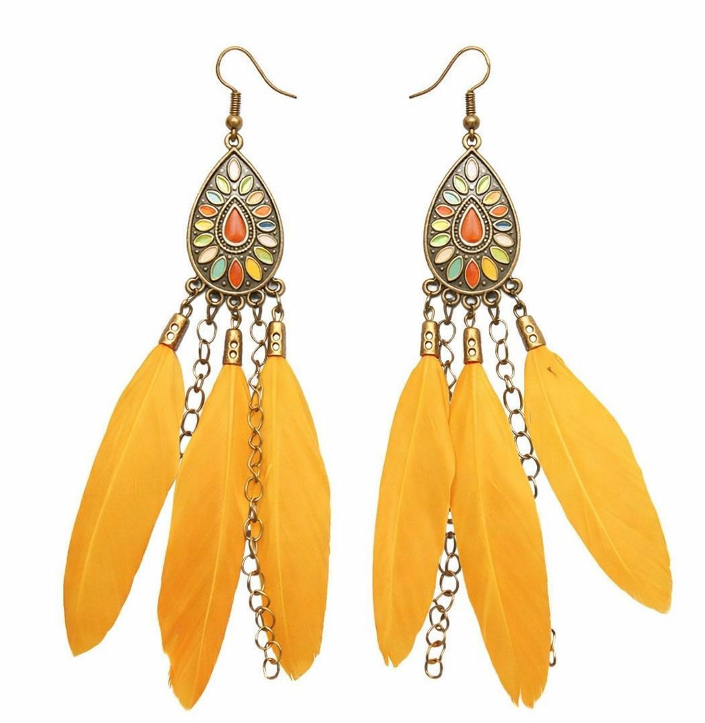 Boho Teardrop Feather Earrings &ndash; Golden Yellow Feathers with Bronze Enamel Charms
