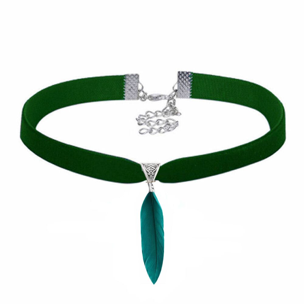 Dark Green Velvet Choker Featuring Dark Green Goose Feather