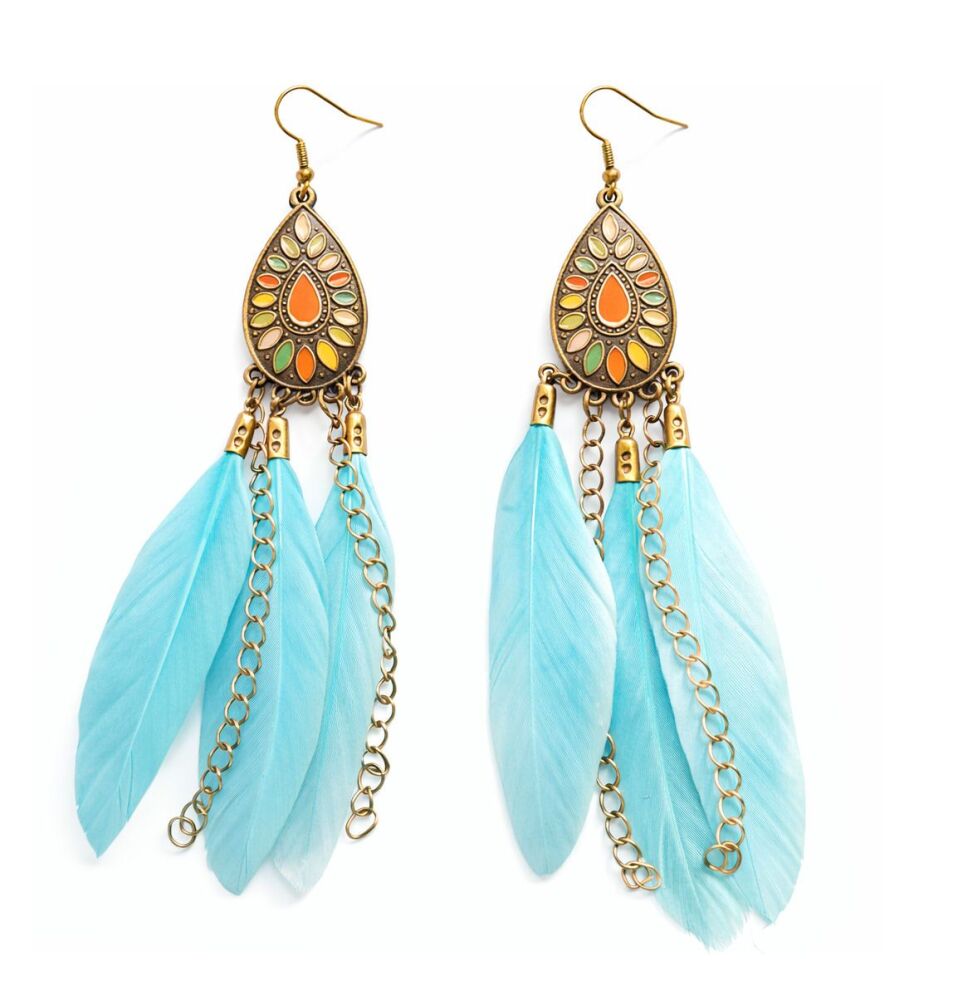 Aqua Blue Feather Earrings with Ornate Bronze Teardrop Detail