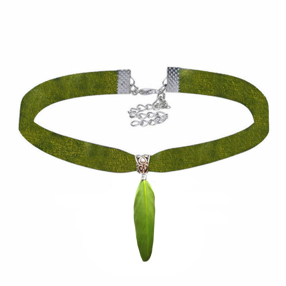 Olive Green Velvet Choker Featuring Olive Green Goose Feather