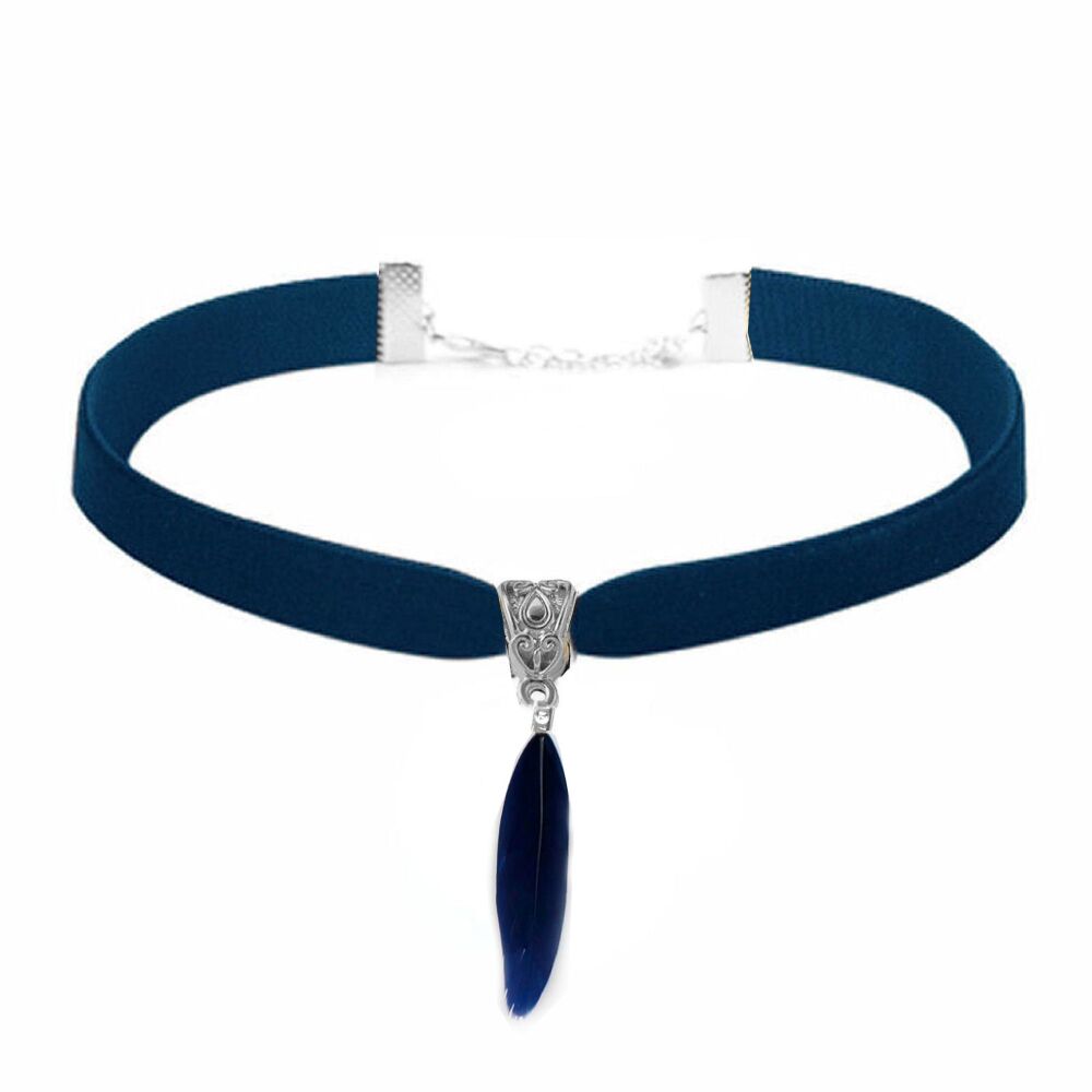 Navy Blue Velvet Choker Featuring Navy Blue Goose Feather