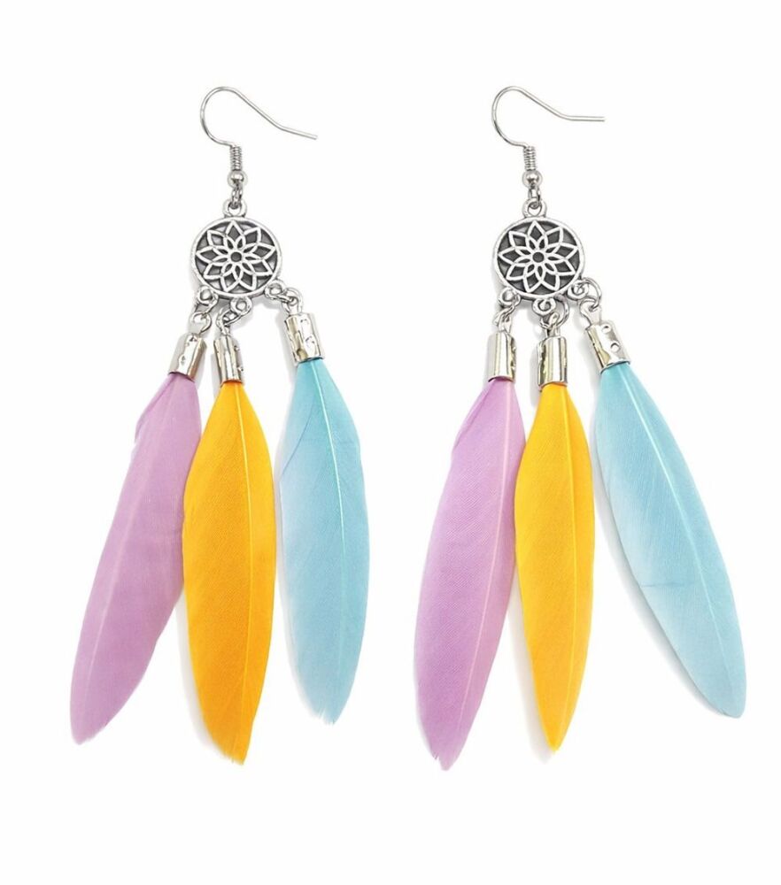 Boho Dreamcatcher Feather Earrings &ndash; Lilac, Golden Yellow & Aqua Blue