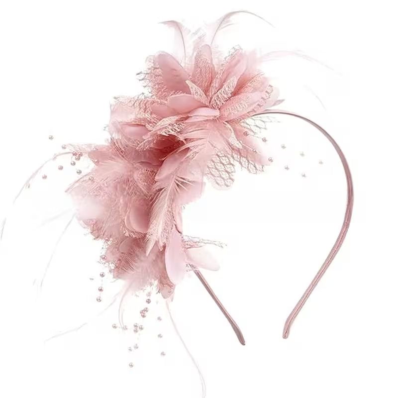 Dusky Rose Pink Feather & Pearl Floral Headband &ndash; Elegant Lace Fascinator Hair Accessory