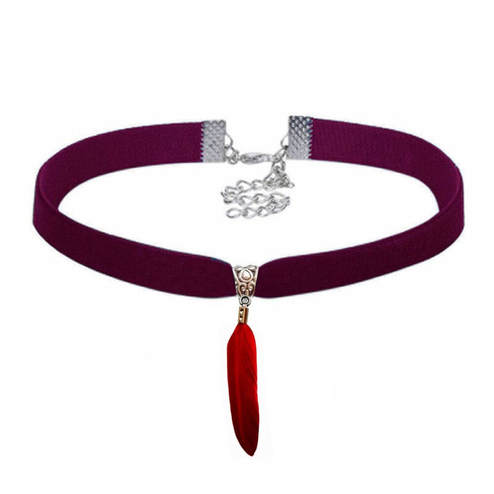 Burgundy Velvet Choker With Burgundy Goose Feather