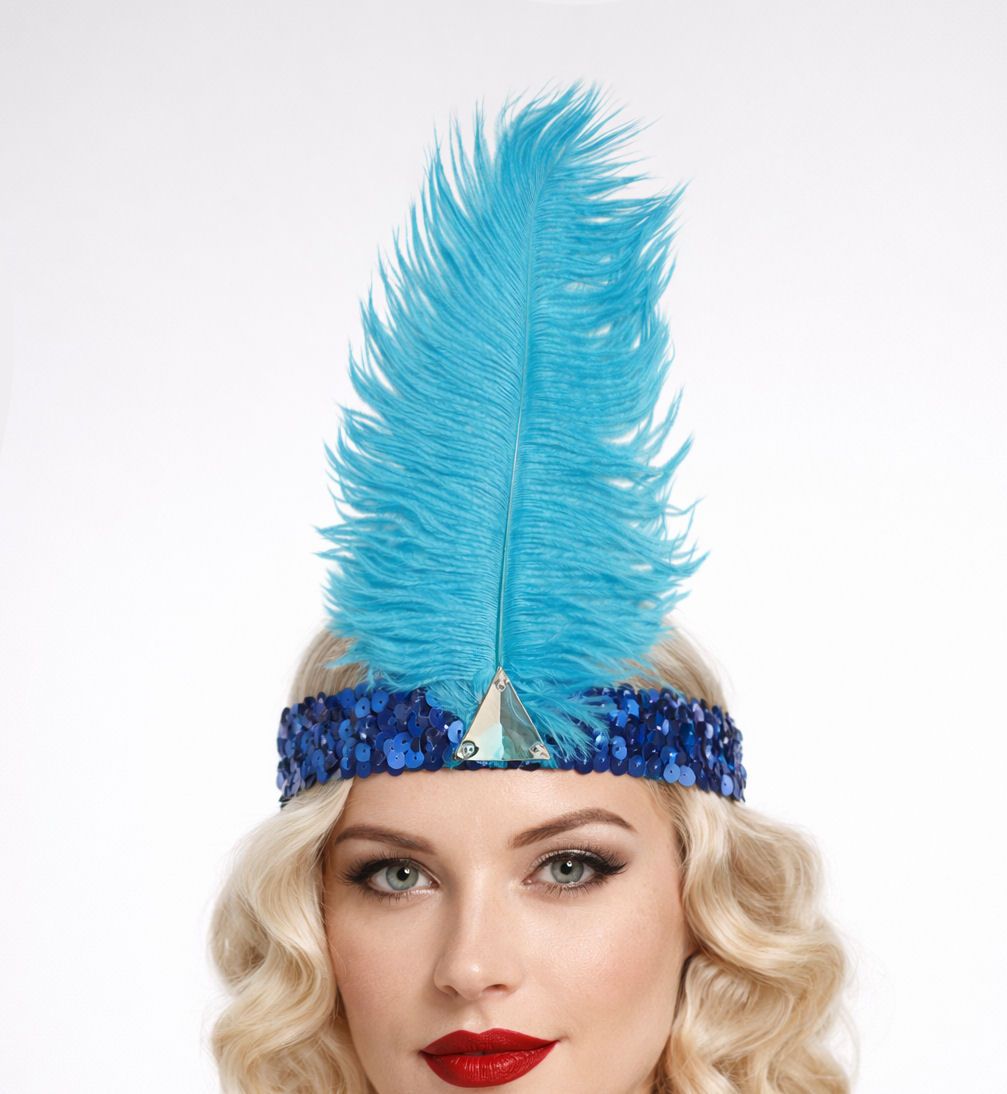 Blue Feather Sequin Flapper Headband &ndash; Vintage 1920s Costume Accessory