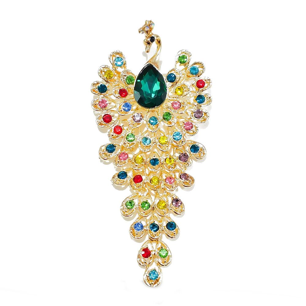 Peacock Brooch, Multicoloured Gemstone &ndash; Gold Tone Statement Pin