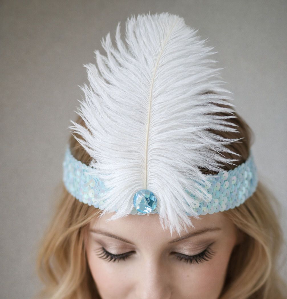 Baby Blue Sequin Flapper Headband with White Ostrich Feather & Baby Blue Gem